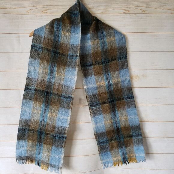 Strathtay Originals Wool Mohair Plaid Fringe Scarf Made in Scotland Brown Blue - Picture 1 of 5
